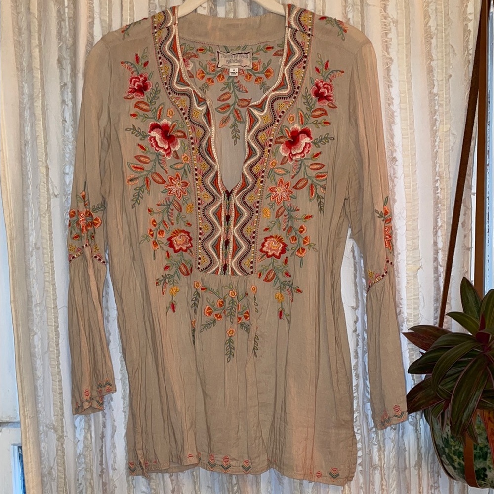 Embroidered Beige Top with Floral Design